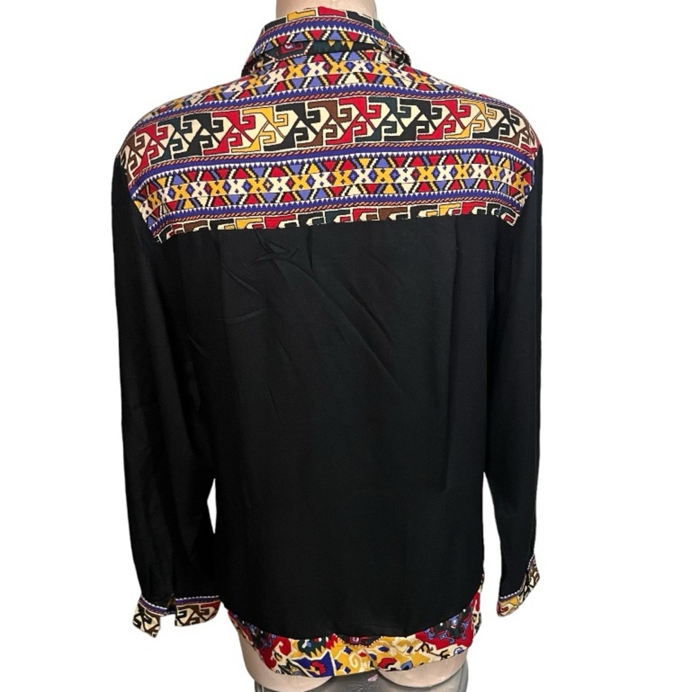 Vintage SK & Company Black with Multi Color Tribal Print Long Sleeve Blo… - Picture 7 of 17